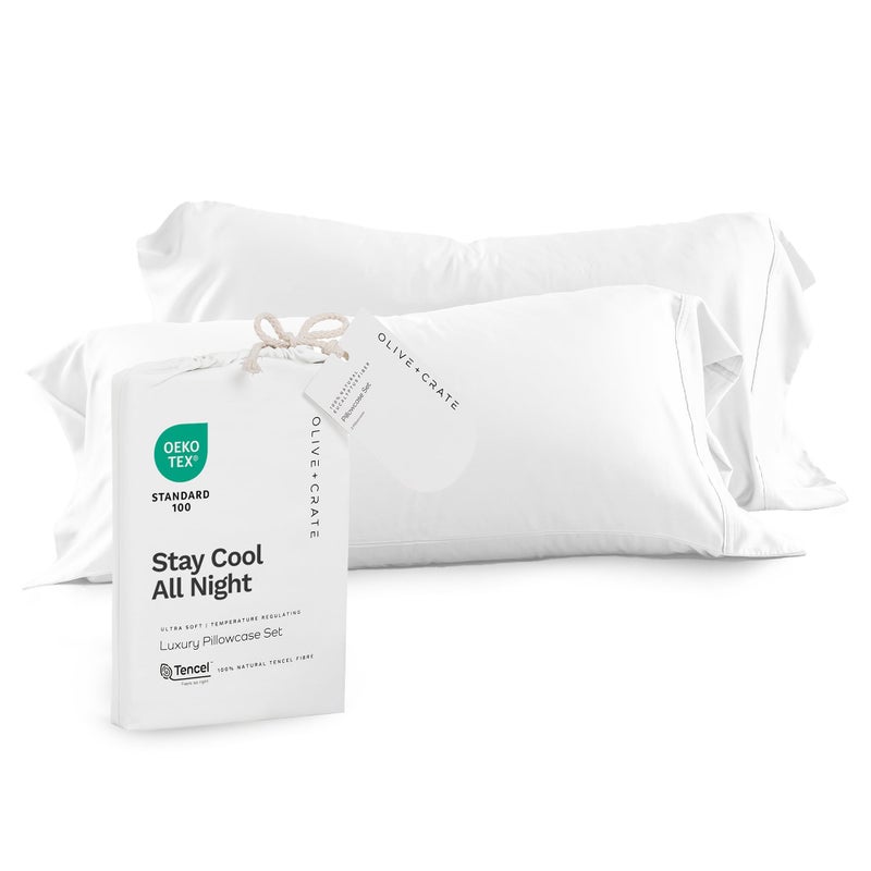Olive + Crate Tencel Eucalyptus Pillowcases - 100% Tencel Lyocell Cooling Pillow Cases for Hot Sleepers - Hypoallergenic, Moisture-Wicking, Silk Alternative, Vegan - Queen Size Set of 2 [White Snow] - Image 1